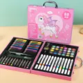 88-piece unicorn art set detail showing colorful pencils markers and oil pastels inside pink box - Pink Unicorn