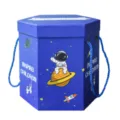 Kids hexagonal gift box stationery set with cute space astronaut design and blue handles - Blue Boxed / Blue