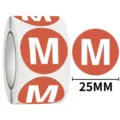 Round 25mm clothing size M stickers roll, red adhesive size labels for apparel retail. - M / 500 Sheets/Roll / Orange Red