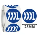 Round XXXL clothing size label stickers roll, 25mm diameter blue garment labels. - 3XL / 500 Sheets/Roll / Blue