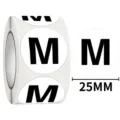 Round clothing size M label stickers, diameter 25mm adhesive garment size roll labels. - M / 500 Sheets/Roll / Black