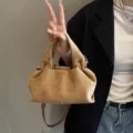 Brown suede handbag women vintage top handle crossbody bag casual commuter retro tote bag - Tan