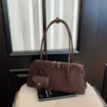 Brown suede shoulder bag for women, stylish minimalist underarm bag with double handles. - Vintage Coffee