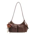 Dark brown shoulder bag for women, stylish crossbody bag with dual front pockets and cute bear charm. - No Pendant / Coffee