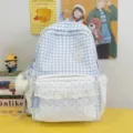 Detailed view of cute blue gingham backpack with polka dot pocket, lace trim and heart charm. - With Charm / Blue