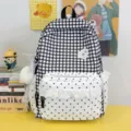 Korean sweet plaid backpack with polka dot front pocket and lace ruffle for school students - With Charm / Black