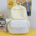 Korean sweet style plaid backpack with polka dot front pocket and cute lace trim details for students. - With Charm / Yellow