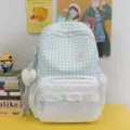 Detail shot of the sweet style plaid backpack featuring cute lace trim and heart shaped pocket. - With Charm / Green