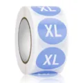 Rolle mit runden blauen XL-Größenaufklebern für Kleidung, Hüte, Schuhe und Bekleidungsetiketten. - XL / Saphirblau