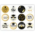 Graduation sticker sheet with 12 round gold and black designs for party decoration and sealing. - 120 Sheets/Pack