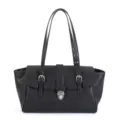 Black soft leather retro shoulder bag with adjustable double straps and metal lock closure. - Black