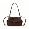 Brown leather shoulder bag with ruched design and stylish drawstring metal bead accents for women - Coffee