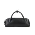 Black genuine leather elongated Boston handbag, chic minimalist pillow bag variant style. - Black