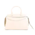 Elegant beige leather handbag with top handles and stylish braided front detail for women. - Wool White