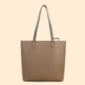 Brown leather tote bag with blue interior lining, large capacity daily shoulder bag for women. - Milk Tea