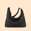 Black leather hobo shoulder bag, large capacity women casual tote bag for daily work and commuting. - Black