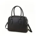 Black leather Boston bag, classic bowling handbag with top handles and adjustable strap. - Black