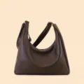 Brown leather hobo shoulder bag, large capacity stylish tote for daily commute and work use. - Coffee