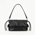 Black leather shoulder bag with chic drawstring metal balls, stylish commuting bag. - Black