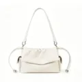 Off-white genuine leather shoulder bag, minimalist drawstring cloud style variant for women. - White