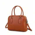 Brown leather Boston bag for women, chic bowling shoulder bag with top handles and strap. - Brown