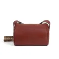 Brown leather cylindrical crossbody bag with ethnic strap, stylish shoulder bag for women. - Brown