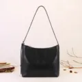 Black soft leather hobo shoulder bag, minimalist commuting casual large capacity handbag. - Black