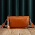 Genuine leather women shoulder crossbody bag with retro ethnic pattern strap for daily style. - Sunset Yellow
