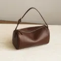 Brown cylinder shoulder bag soft leather casual commuter crossbody minimalist pillow bag - Red Brown