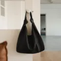 Black leather hobo shoulder bag for women, soft versatile commuter underarm tote handbag. - Black