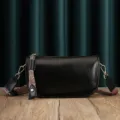 Genuine leather shoulder bag with colorful ethnic strap, stylish crossbody bag for women. - Black