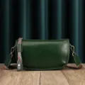 Dark green genuine leather shoulder bag with ethnic strap, stylish niche crossbody style. - Emerald Green