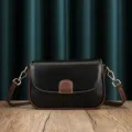Black and brown retro leather shoulder bag, stylish colorblock crossbody design with flap. - Black