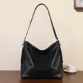 Black leather shoulder underarm tote bag, minimalist retro hobo bag variant for women - Black