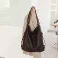 Minimalist dark brown genuine leather shoulder bag large capacity convertible casual backpack - Coffee