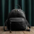 Black leather backpack, vintage women's travel school bag with large capacity and zipper. - Black