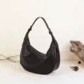 Dark brown leather crescent hobo shoulder bag, vintage casual underarm purse for women. - Coffee