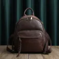 Vintage brown genuine leather backpack for women, large capacity casual travel daypack school bag - Coffee