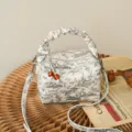 Vintage Chinese style landscape print leather shoulder crossbody bag for women chic pillow handbag - White