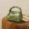 New Chinese style retro leather shoulder bag with exquisite pine embroidery design and chic handle. - Green