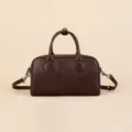 Retro dark brown leather Boston bag for women, elegant vintage top handle crossbody handbag. - Coffee