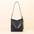 Black genuine leather bucket bag for women, large capacity stylish shoulder handbag. - Black
