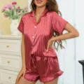 Women Red Striped Satin Pajamas Short Sleeve Ruffle Shorts Comfy Homewear Variant - Red Stripes