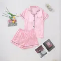 Pink and white striped satin pajama set for women, featuring short sleeves and shorts. - S / Top And Bottom / Dark Pink Fine Stripes