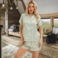 Dames zijde satijn gestreepte korte mouw pyjama set comfortabele nachtkleding zomer - Lichtgroen
