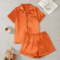 Women orange silk satin short sleeve pajama set with shorts, lapel collar and pockets. - Orange