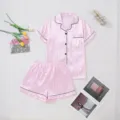 Women pink white striped satin short sleeve pajama set, comfortable soft sleepwear. - S / Top And Bottom / Light Pink Fine Stripes