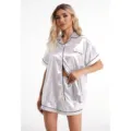 Detailed view of women's silky satin short sleeve pajama set with chic black piping design. - S / Top And Bottom / White