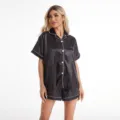 Women black satin short sleeve pajama set with white piping comfortable sleepwear loungewear - S / Top And Bottom / Black
