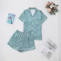 Green white striped satin pajama set women short sleeve shorts sleepwear homewear summer - Green Fine Stripes